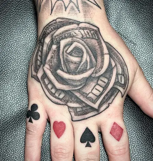 Rugged Money Rose and Card Symbols Tattoo Designs 10