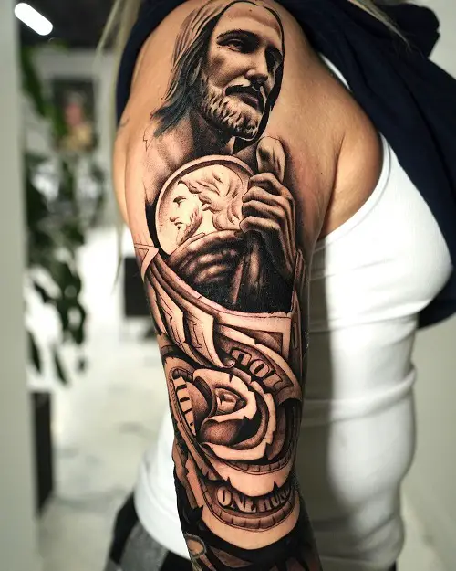 an Judas Tadeo with Roses and Money Tattoo Designs 12