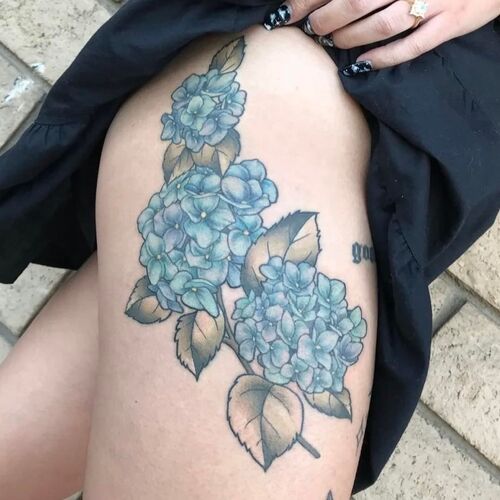 Blue Hydrangea Piece on the Thigh tattoo ideas