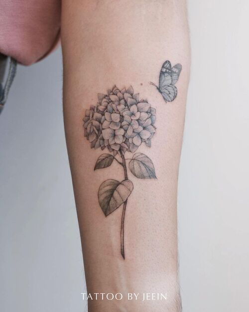 Butterfly and Hydrangea Flower Tattoo