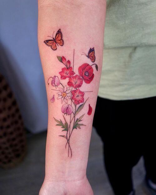 Cross with Flowers and Butterflies Tattoo ideas