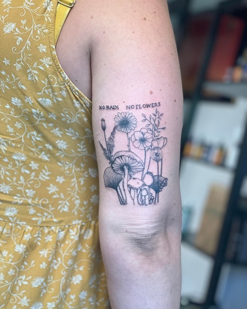 botany piece No Rain No Flowers Tattoo Idea for Men
