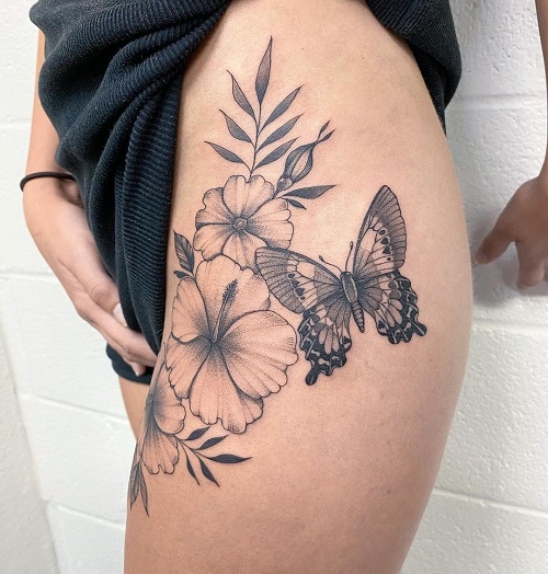 Hibiscus, Wild Rose, Tropical Leaves, and Butterfly Tattoo