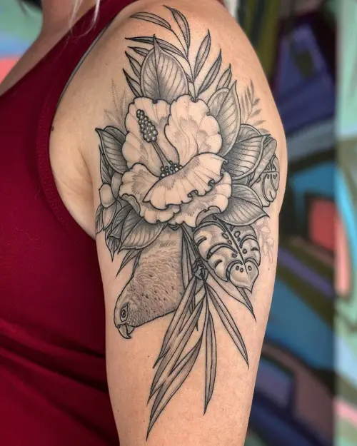 Pigeon with Flowers and Leaves Tattoo