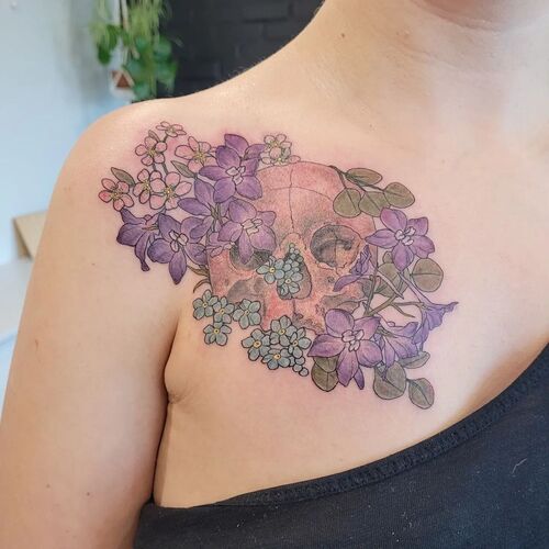 Skull with Larkspur and Apple Blossoms tattoo designs