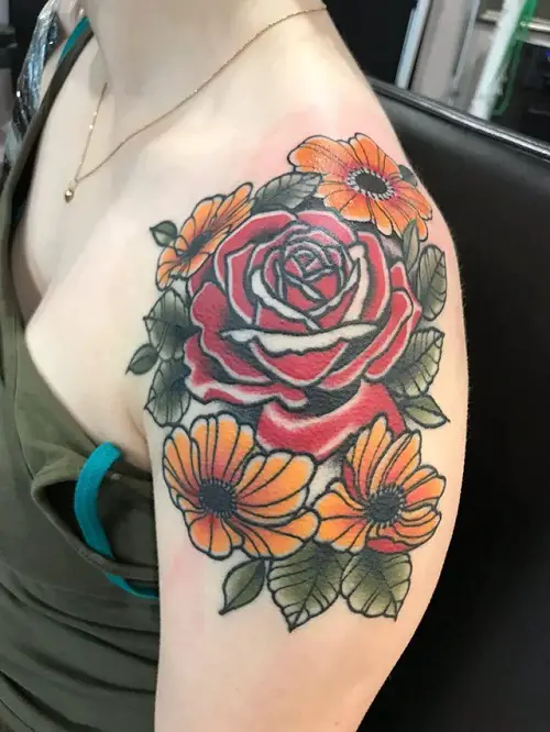 American Traditional Rose and Poppies Flower Shoulder Tattoo Ideas