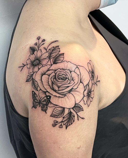 Flowers and Butterfly Piece tattoo idea