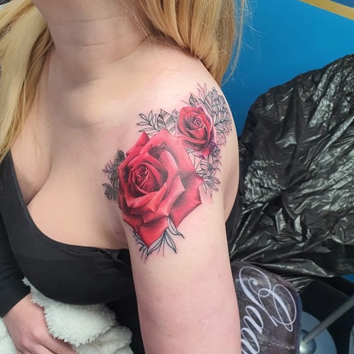 Metallic Red Roses flower tattoo idea