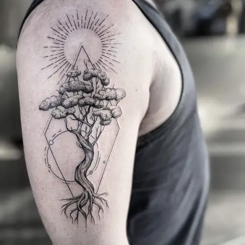 Bonsai with Sun and Solar System tattoo