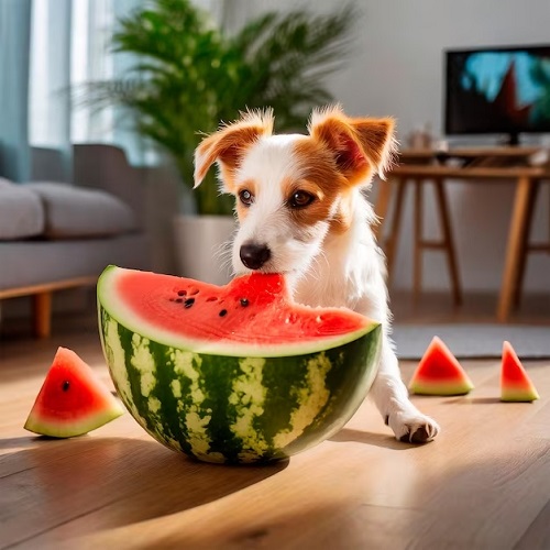 Dog eats watermelon
