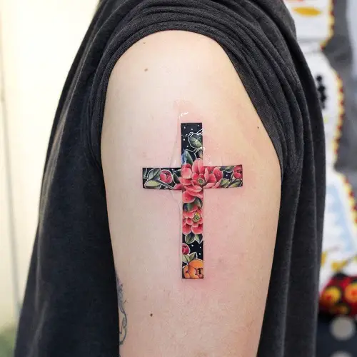 feminine cross with flowers tattoo 4