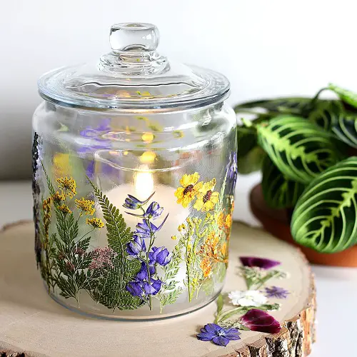jar decoration with pressed flowers 