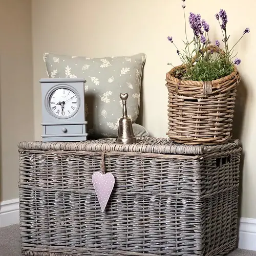 lavender in woven basket on table